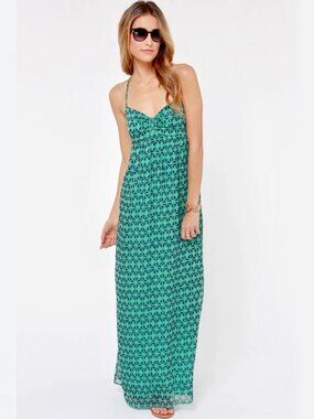 Roxy Teal Geometric Halter Maxi Dress
